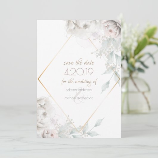 Bewaar de datum | Alabaster Witte Waterverf Pioenr Save The Date (Staand voorkant)