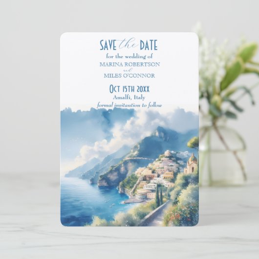 Bewaar de datum Amalfi Waterverf Italië Bestemming Kaart (Staand voorkant)