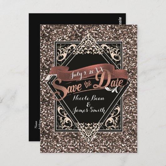 Bewaar de datum Black & Faux Gold Glitter Verlovin Briefkaart (Voorkant / Achterkant)