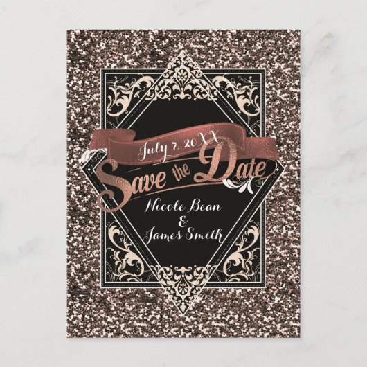 Bewaar de datum Black & Faux Gold Glitter Verlovin Briefkaart (Voorkant)