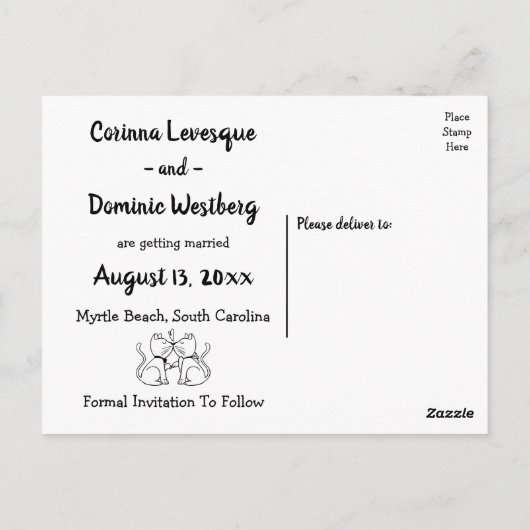 Bewaar de datum Black White Wedding Cats Verloving Briefkaart (Achterkant)