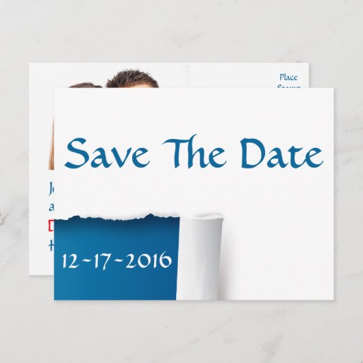 Bewaar de datum blauw en wit foto Briefkaart (Voorkant / Achterkant)