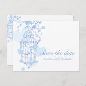 Bewaar de datum blauw witte vogel kooi kaart (Voorkant / Achterkant)