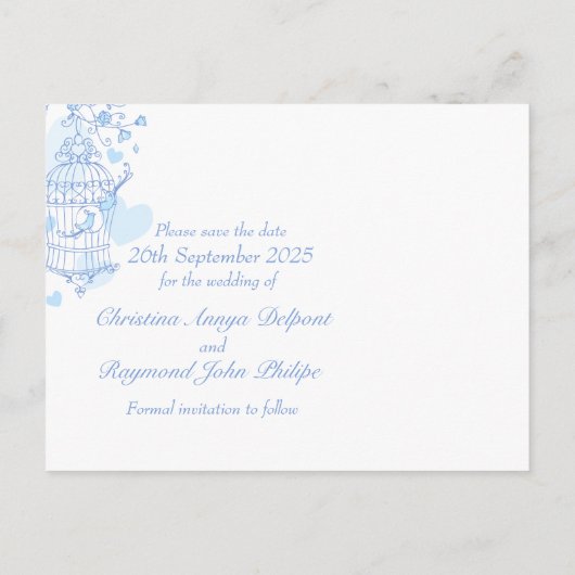 Bewaar de datum blauw witte vogel kooi kaart (Achterkant)