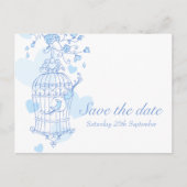 Bewaar de datum blauw witte vogel kooi kaart (Voorkant)