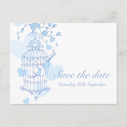 Bewaar de datum blauw witte vogel kooi kaart (Voorkant)