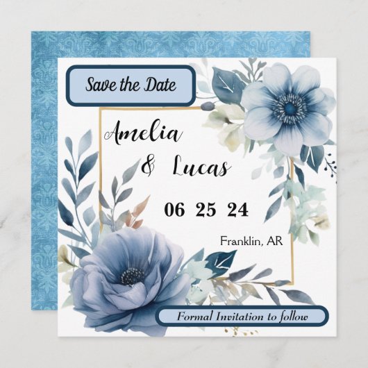 Bewaar de datum blauwe bloem save the date (Voorkant / Achterkant)