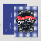 Bewaar de datum blauwe geruite Gingham-verlovingsa Briefkaart (Voorkant / Achterkant)