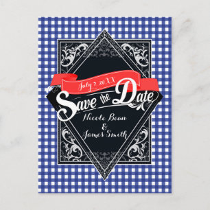Bewaar de datum blauwe geruite Gingham-verlovingsa Briefkaart