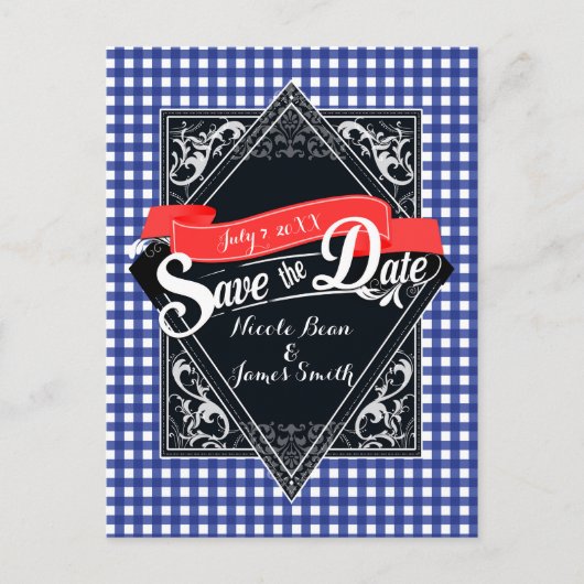 Bewaar de datum blauwe geruite Gingham-verlovingsa Briefkaart (Voorkant)