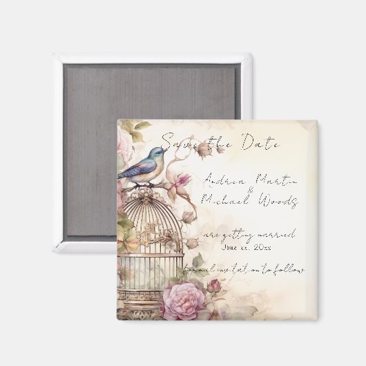 Bewaar de datum Blauwe Vogel Roze Rozen Magneet (Voorkant / Achterkant)