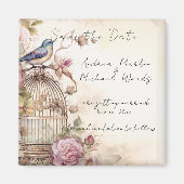 Bewaar de datum Blauwe Vogel Roze Rozen Magneet (Voorkant)