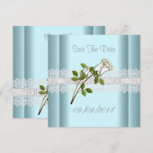 Bewaar de datum blauwe witte bloem kant save the date (Voorkant / Achterkant)