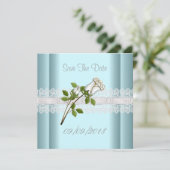 Bewaar de datum blauwe witte bloem kant save the date (Staand voorkant)