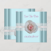 Bewaar de datum blauwe witte roze roos bloem kant save the date (Voorkant / Achterkant)