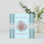 Bewaar de datum blauwe witte roze roos bloem kant save the date (Staand voorkant)