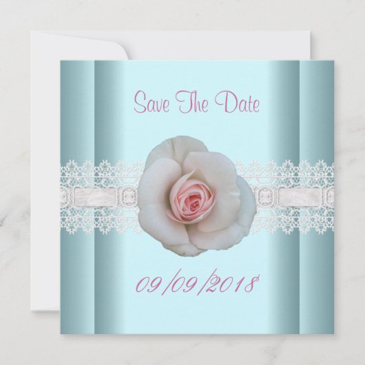 Bewaar de datum blauwe witte roze roos bloem kant save the date (Voorkant)