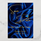 bewaar de datum blauwe zijden achtergrond folie uitnodiging (Voorkant)