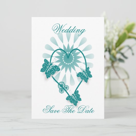 Bewaar de datum Blauwgroen gekleurde vlinders hart Save The Date (Staand voorkant)