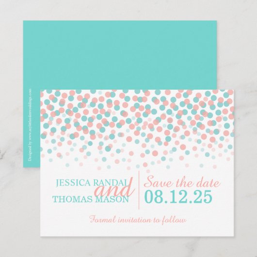 Bewaar de datum blauwgroen koraal confetti trouwka aankondigingskaart (Voorkant / Achterkant)