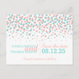Bewaar de datum blauwgroen koraal confetti trouwka aankondigingskaart
