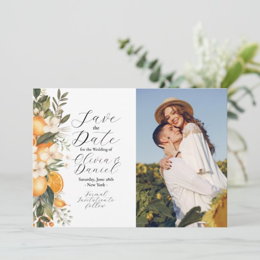 Bewaar de datum Bloembloemen Fruit Sinaasappels Fo Save The Date (Staand voorkant)