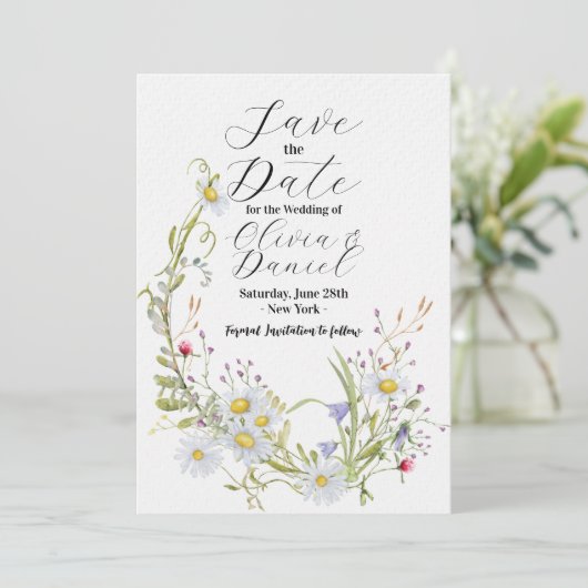 Bewaar de datum Bloemen Wildflower Bruiloft Daisy Save The Date (Staand voorkant)