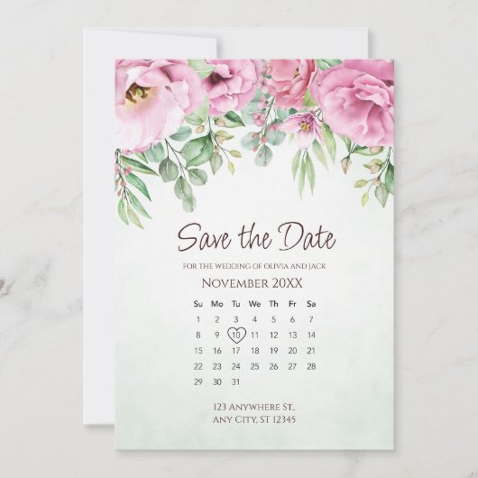 Bewaar de datum bloemige trouw groen kalender save the date (Voorkant)