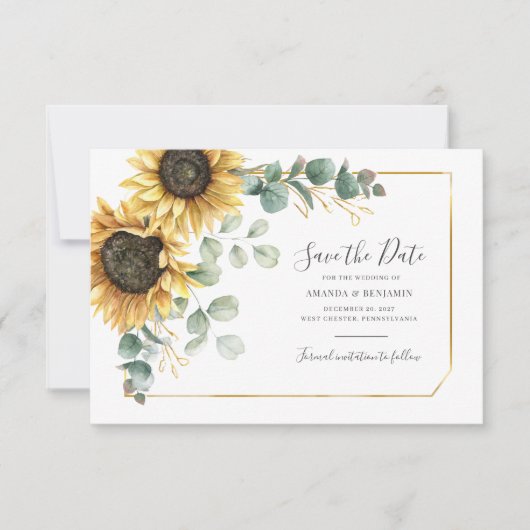 Bewaar de datum bloemrijke rustieke zonnebloem Euc Save The Date (Voorkant)