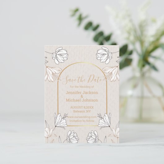 Bewaar de datum Botanical Grey Gold Arch Wedding Briefkaart (Staand voorkant)