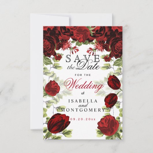 Bewaar de datum Botanische donkerrode bloemen Save The Date (Voorkant)