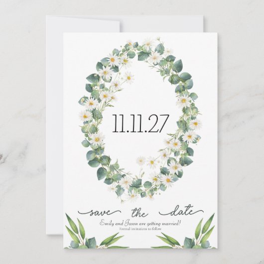 Bewaar de datum botanische eucalyptus + madeliefth save the date (Voorkant)