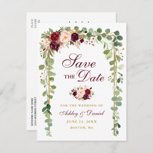 Bewaar de datum Botanische Groen Goud Bourgogne Bl Aankondigingskaart (Voorkant / Achterkant)