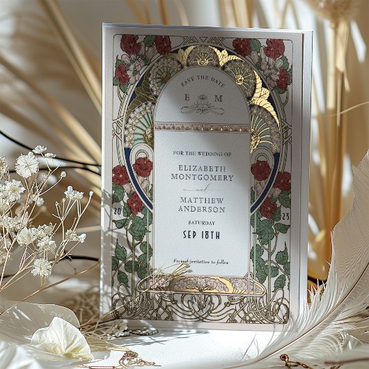 Bewaar de datum Bougainvillea Bourgondië Gouden Br Folie Uitnodiging