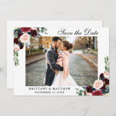 Bewaar de datum Bourgogne Blue Floral Photo Card Bedankkaart (Voorkant / Achterkant)