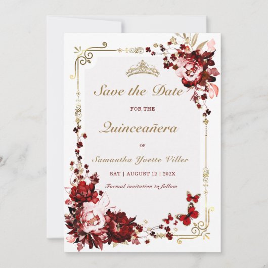 Bewaar de datum Bourgondië en Gold Quinceanera Kaart (Voorkant)