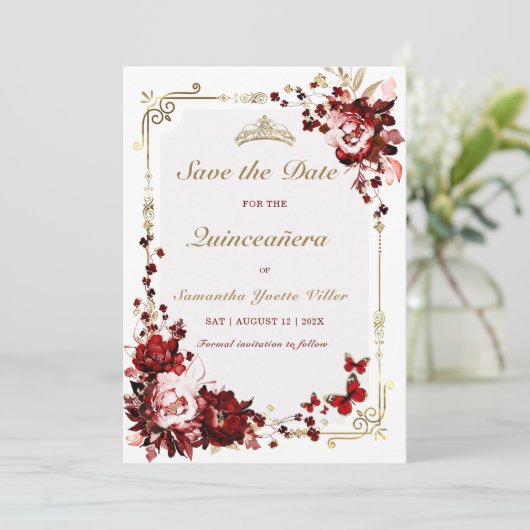 Bewaar de datum Bourgondië en Gold Quinceanera Kaart (Staand voorkant)