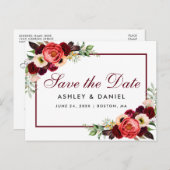 Bewaar de datum Bourgondië Floral Boho Aankondigingskaart (Voorkant / Achterkant)