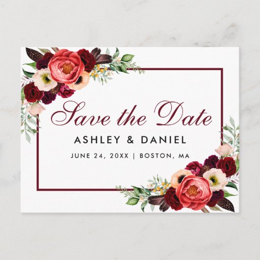 Bewaar de datum Bourgondië Floral Boho Aankondigingskaart (Voorkant)