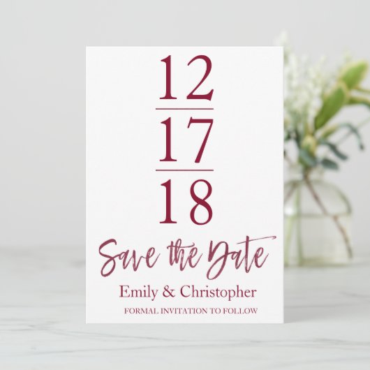Bewaar de datum Bourgondië Marsala Modern Script Save The Date (Staand voorkant)