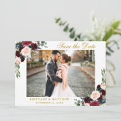 Bewaar de datum Bourgondische Blauwe Bloemen Foto  Bedankkaart (Staand voorkant)