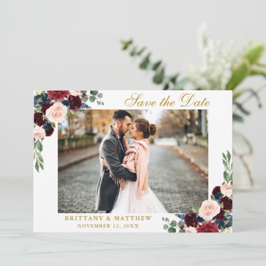 Bewaar de datum Bourgondische Blauwe Bloemen Foto  Bedankkaart (Staand voorkant)