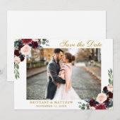 Bewaar de datum Bourgondische Blauwe Bloemen Foto  Bedankkaart (Voorkant / Achterkant)