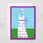 Bewaar de datum briefkaarten, trouwjurk, paarse aankondigingskaart (Voorkant / Achterkant)