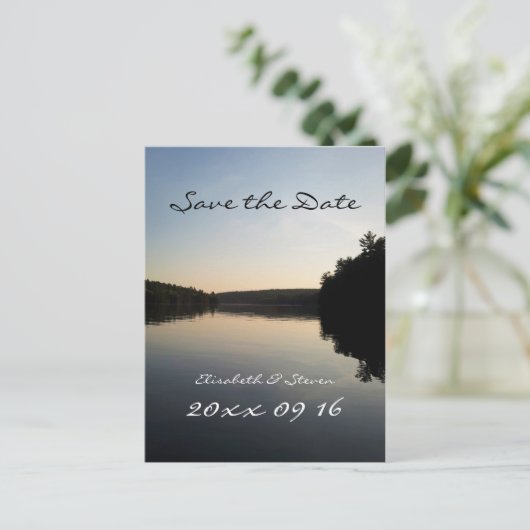 Bewaar de datum bruiloft Briefkaart Lake bij zonso (Staand voorkant)