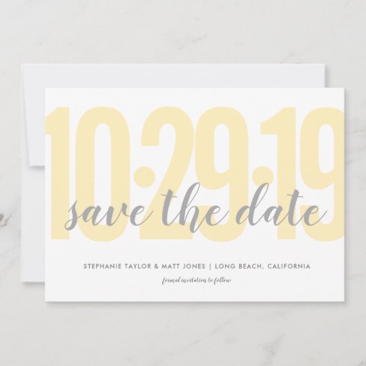 Bewaar de datum, bruiloft, geel save the date (Voorkant)