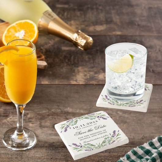 Bewaar de datum bruiloft lavendel violet groen stenen onderzetter