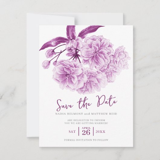 Bewaar de datum bruiloft paarse bloesem save the date (Voorkant)