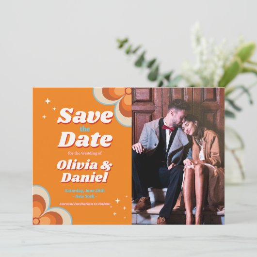 Bewaar de datum Bruiloft Retro  jaren 1970 Foto Save The Date (Staand voorkant)