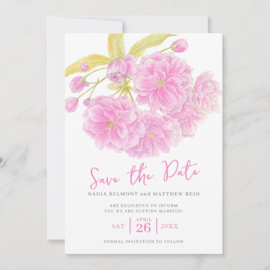 Bewaar de datum bruiloft roze bloesem save the date (Voorkant)